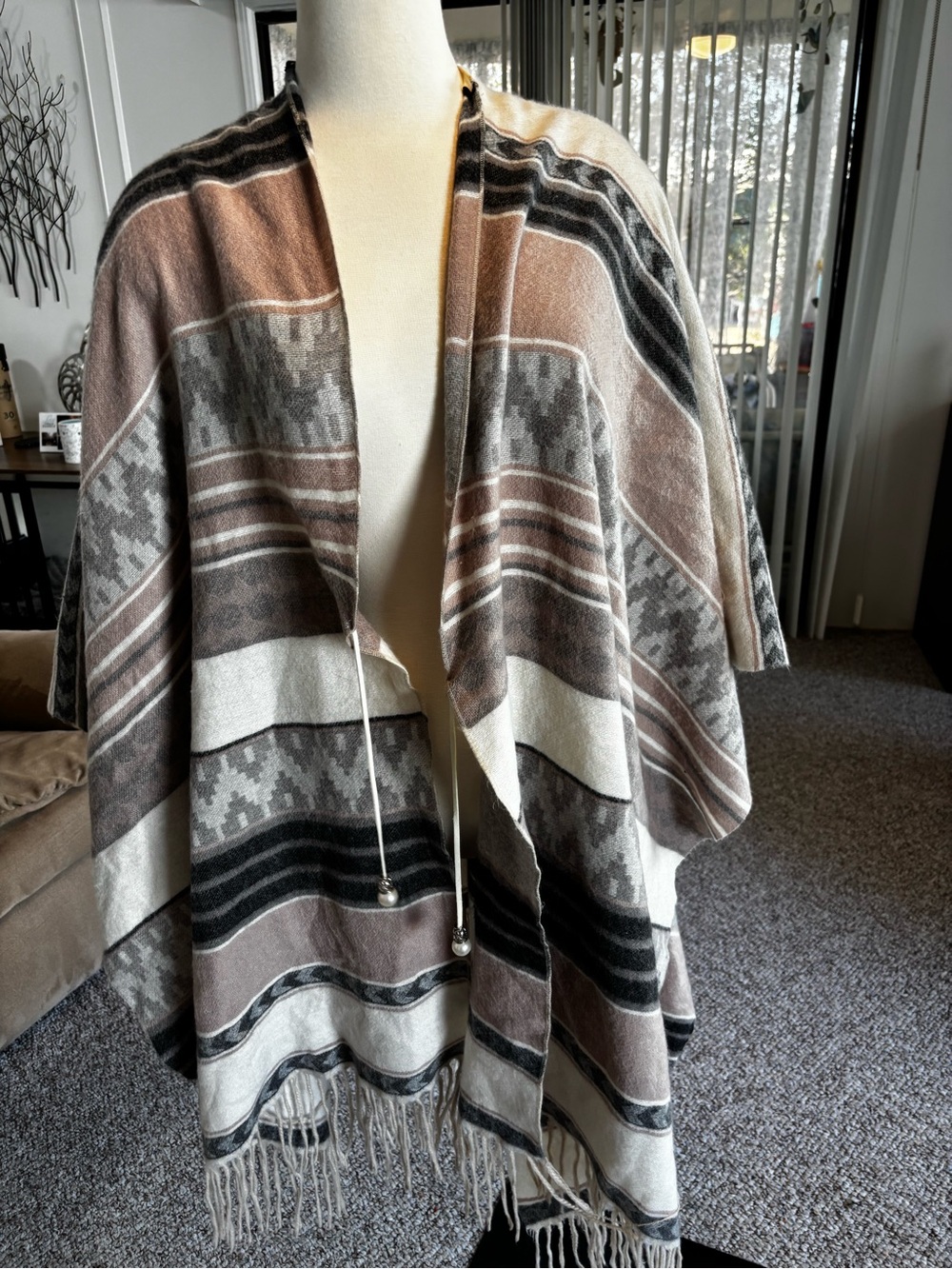 Striped Fringe Poncho Wrap in Cream, Brown & Gray
